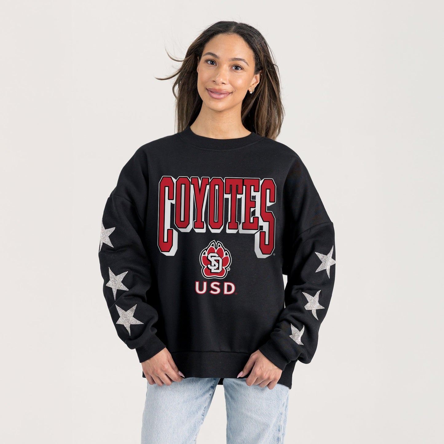 SOUTH DAKOTA COYOTES PURE VICTORY EMBELLISHED STAR SLEEVE CREWNECK PULLOVER