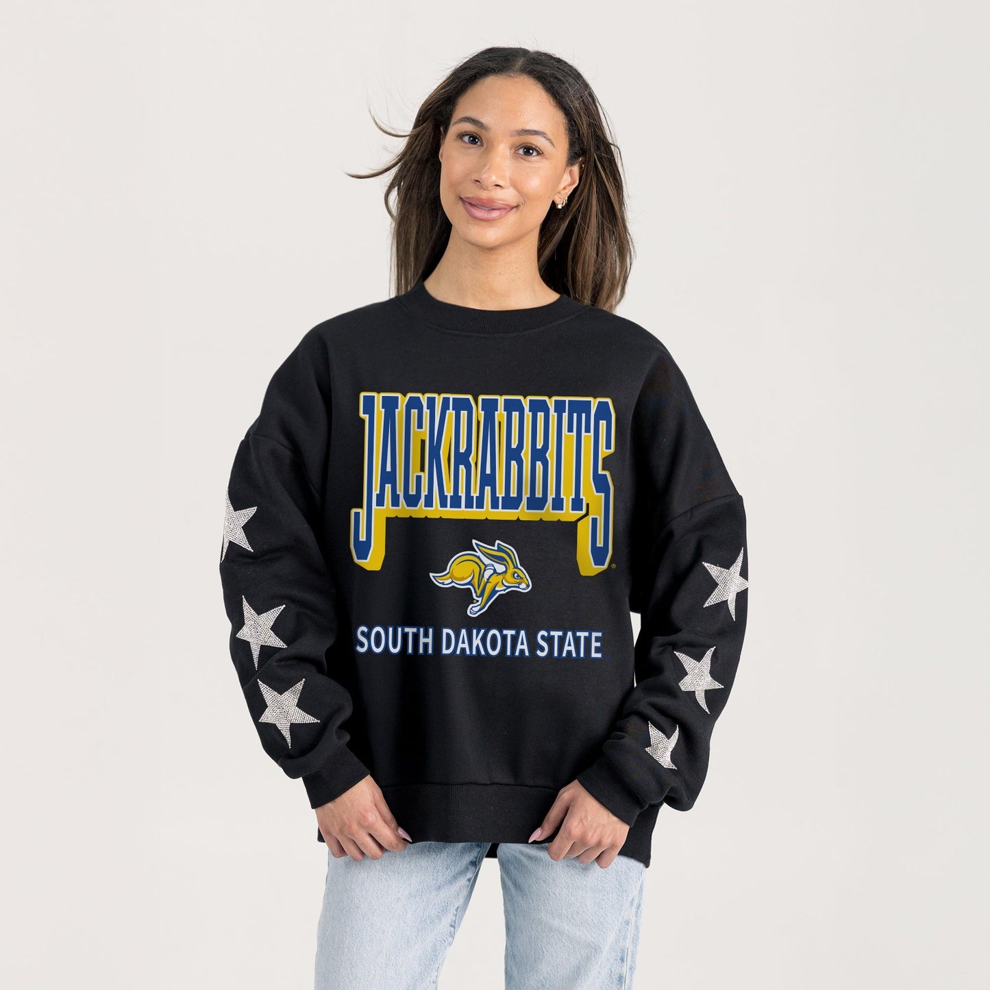 SOUTH DAKOTA STATE JACKRABBITS PURE VICTORY EMBELLISHED STAR SLEEVE CREWNECK PULLOVER