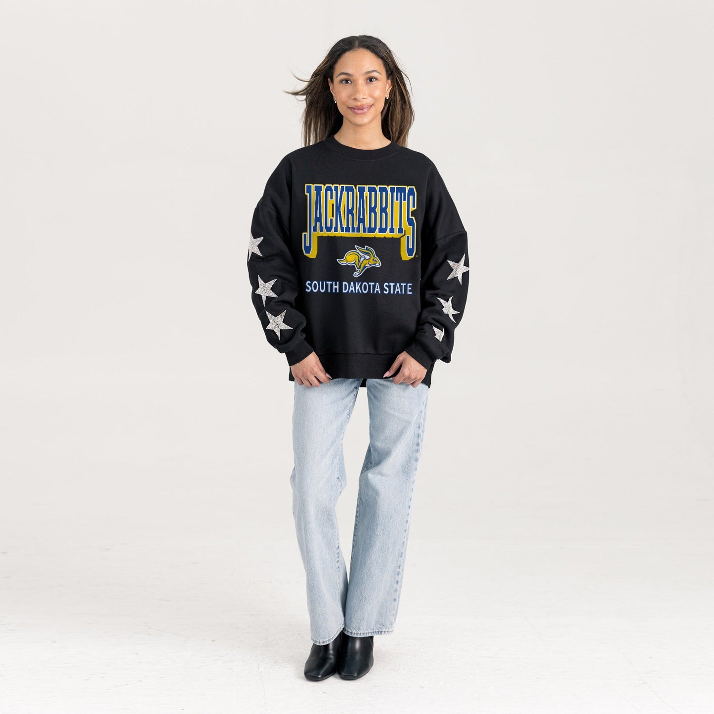 SOUTH DAKOTA STATE JACKRABBITS PURE VICTORY EMBELLISHED STAR SLEEVE CREWNECK PULLOVER