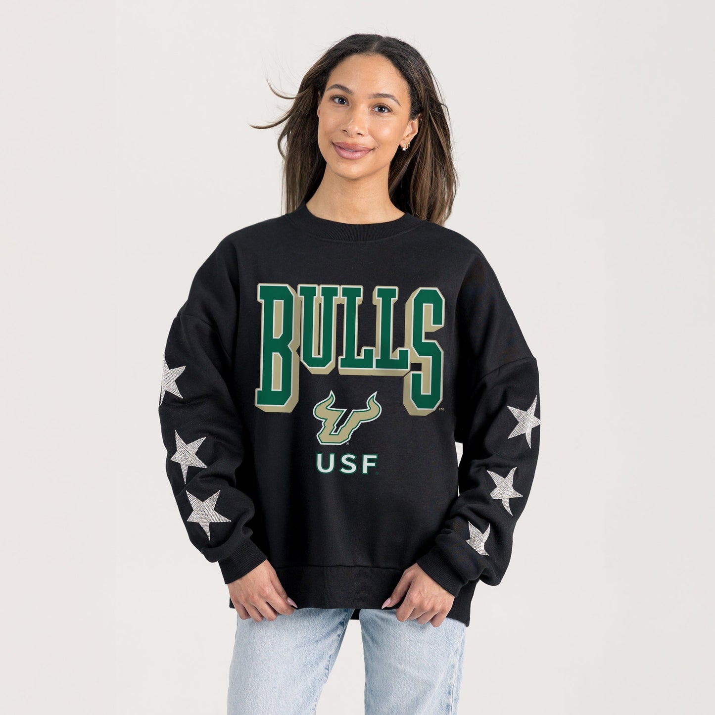 SOUTH FLORIDA BULLS PURE VICTORY EMBELLISHED STAR SLEEVE CREWNECK PULLOVER