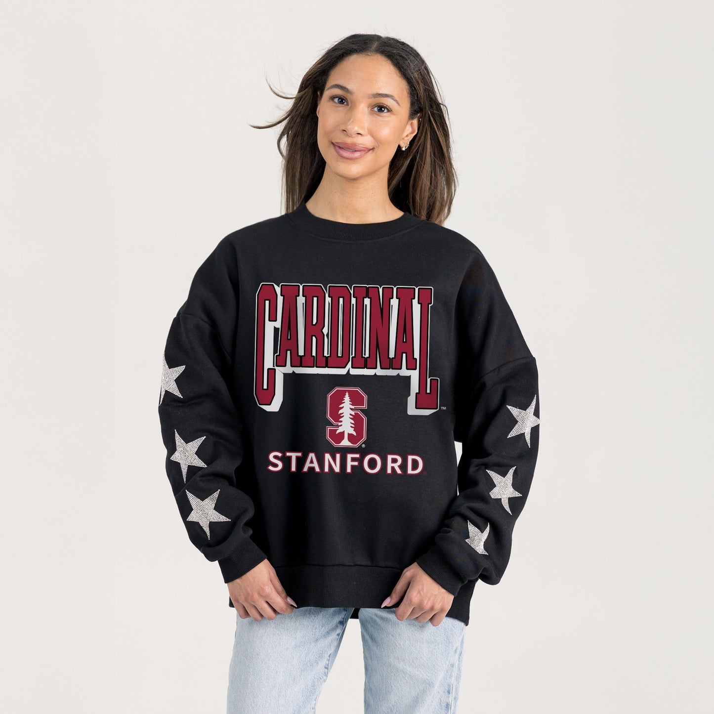 STANFORD CARDINAL PURE VICTORY EMBELLISHED STAR SLEEVE CREWNECK PULLOVER