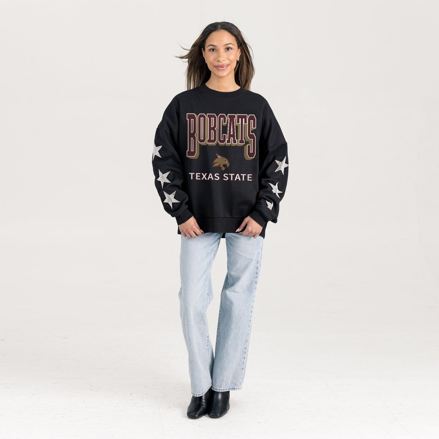 TEXAS STATE BOBCATS PURE VICTORY EMBELLISHED STAR SLEEVE CREWNECK PULLOVER