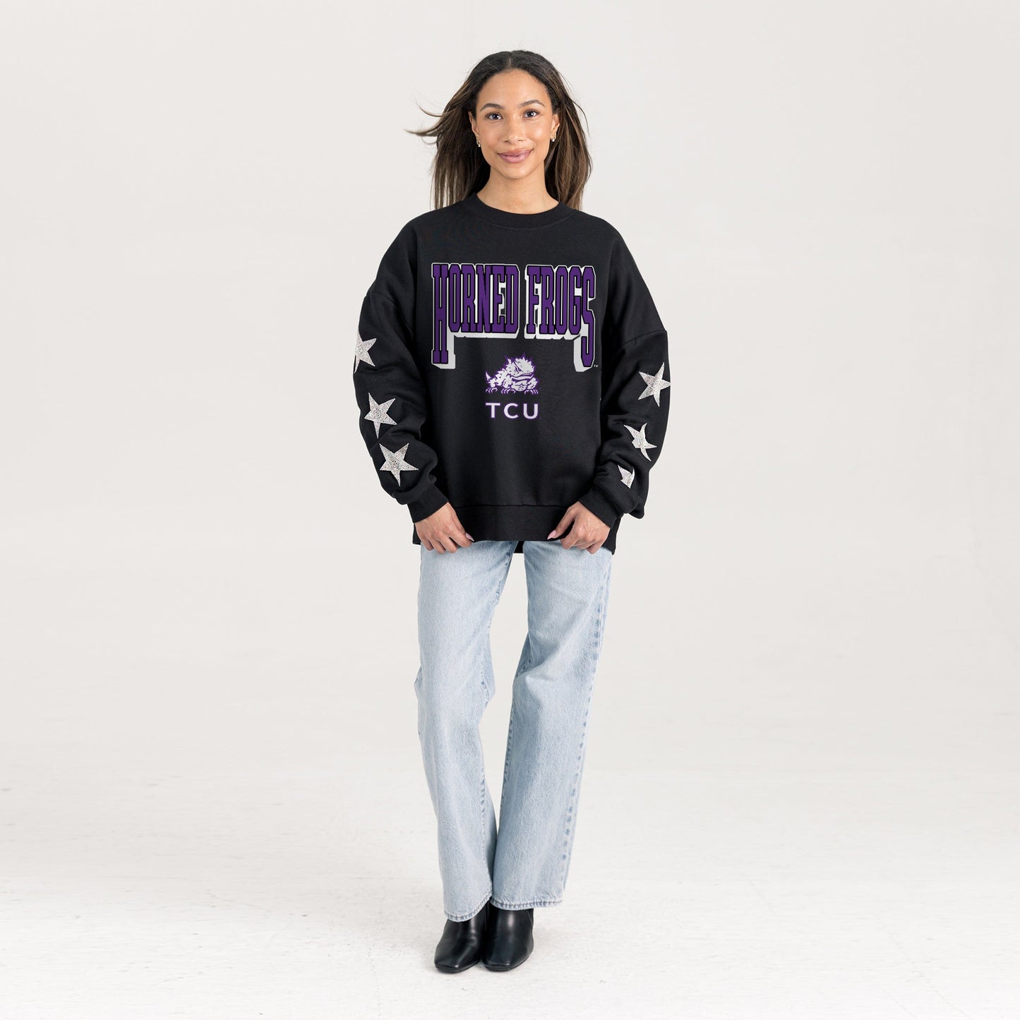 TCU HORNED FROGS PURE VICTORY EMBELLISHED STAR SLEEVE CREWNECK PULLOVER