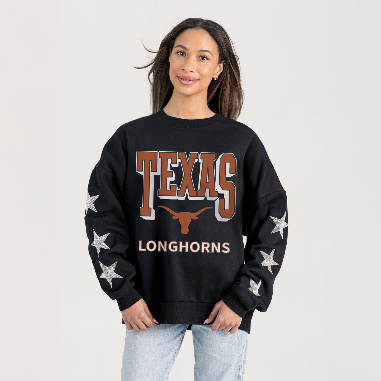TEXAS LONGHORNS PURE VICTORY EMBELLISHED STAR SLEEVE CREWNECK PULLOVER