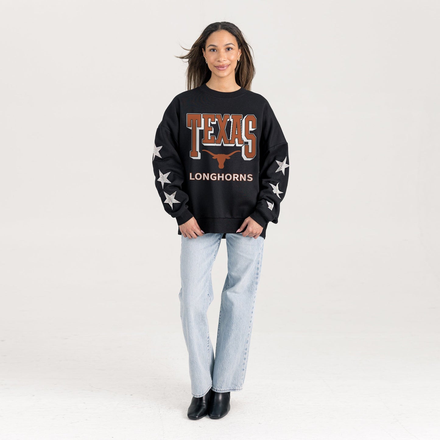 TEXAS LONGHORNS PURE VICTORY EMBELLISHED STAR SLEEVE CREWNECK PULLOVER