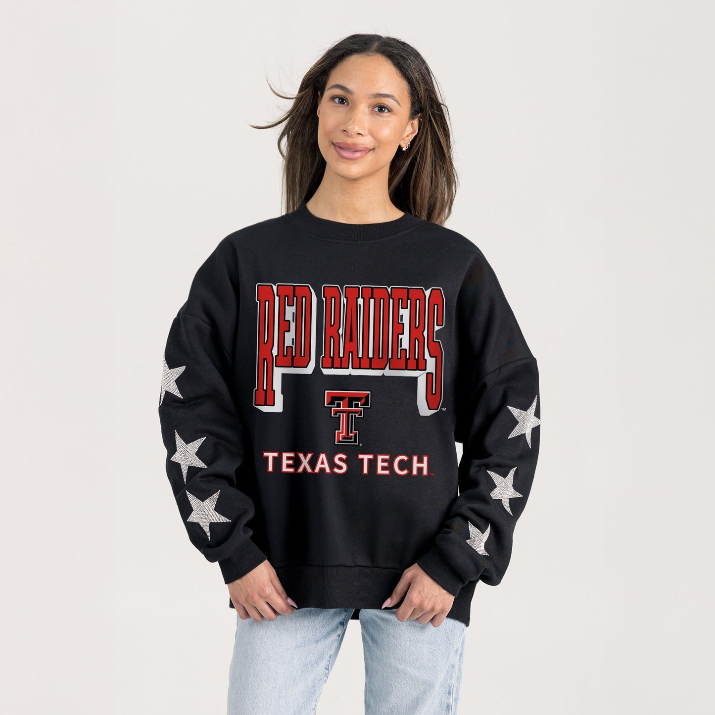 TEXAS TECH RED RAIDERS PURE VICTORY EMBELLISHED STAR SLEEVE CREWNECK PULLOVER