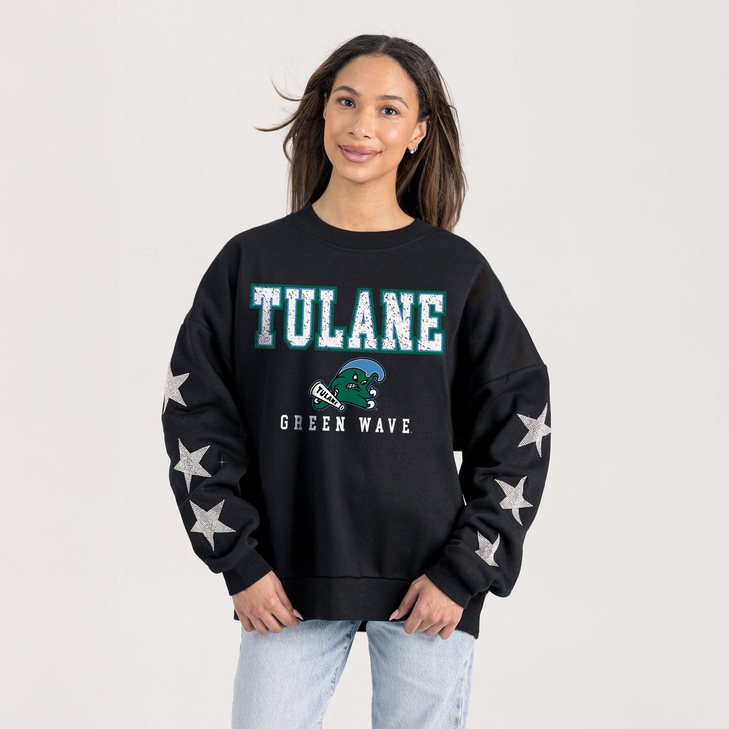 TULANE GREEN WAVE VELOCITY STAR EMBELLISHED CREW SWEATSHIRT