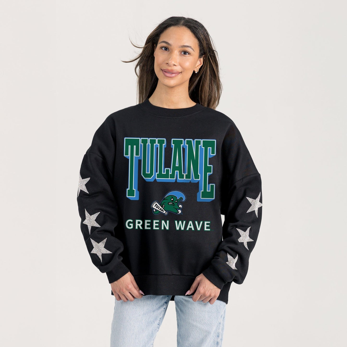 TULANE GREEN WAVE PURE VICTORY EMBELLISHED STAR SLEEVE CREWNECK PULLOVER