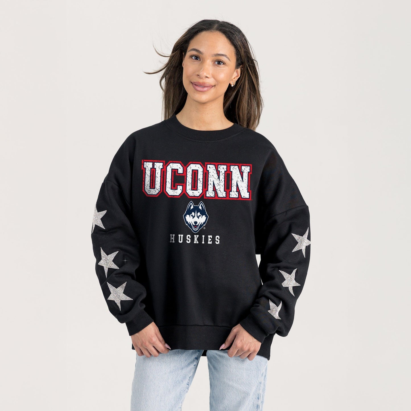 UCONN HUSKIES VELOCITY STAR EMBELLISHED CREW SWEATSHIRT