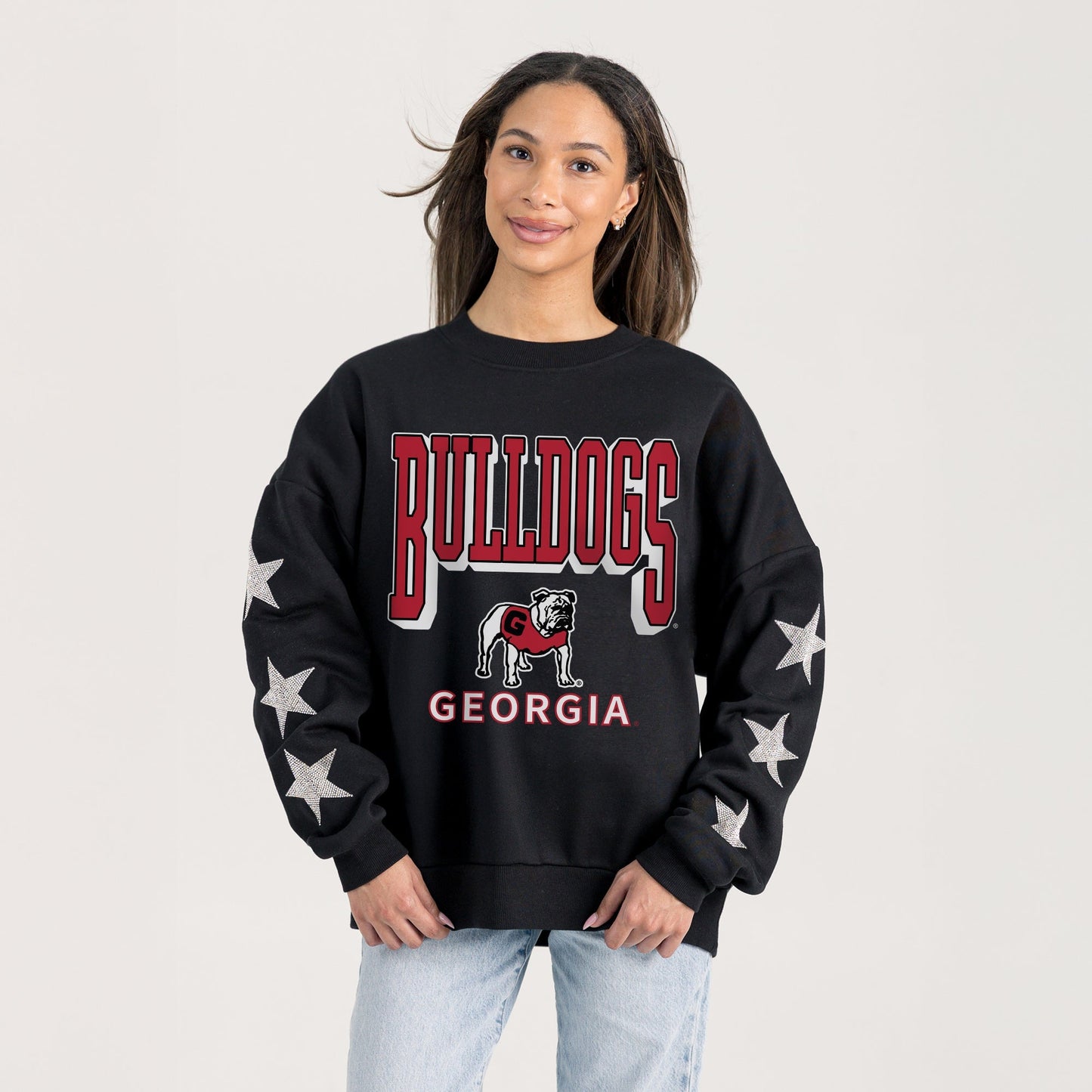 GEORGIA BULLDOGS PURE VICTORY EMBELLISHED STAR SLEEVE CREWNECK PULLOVER
