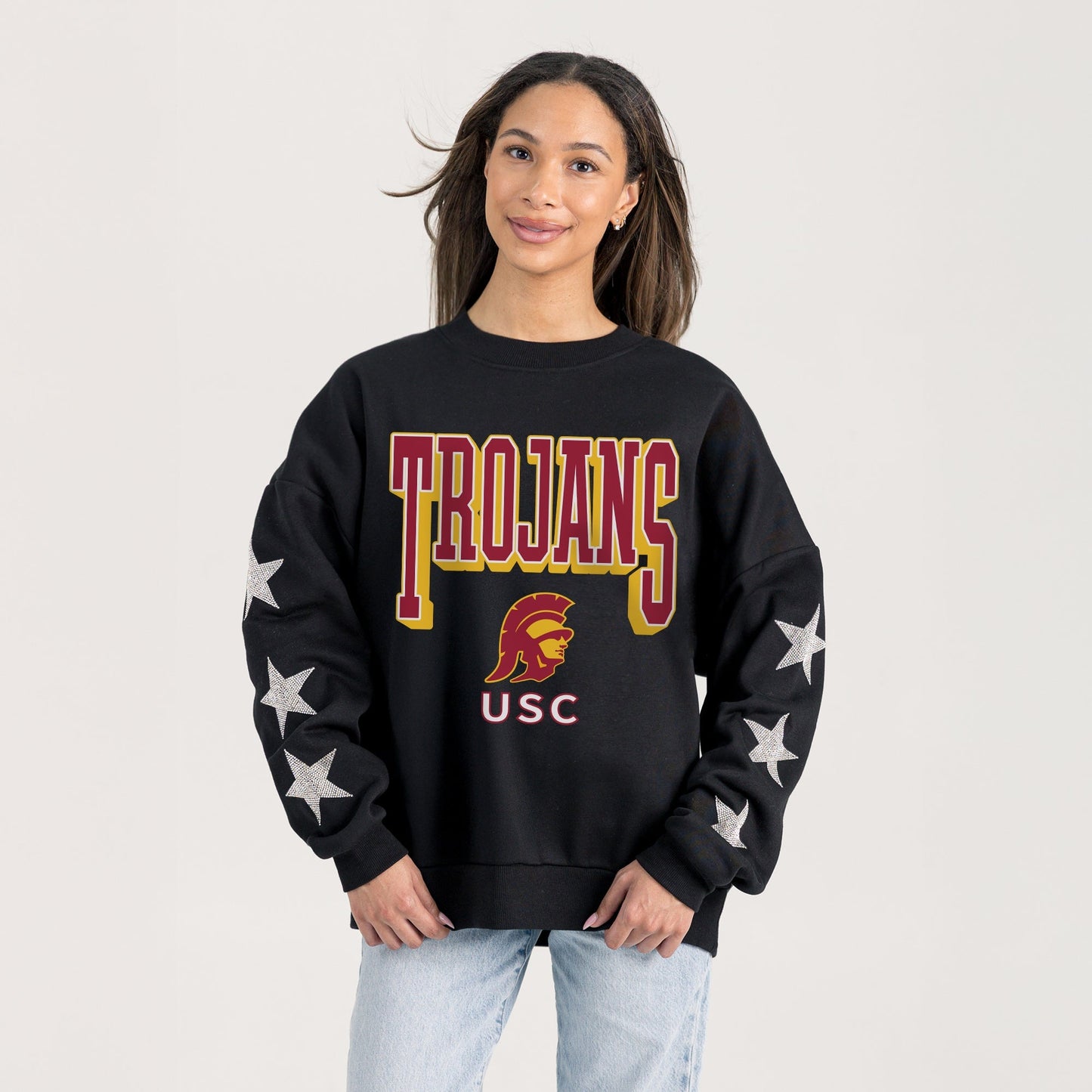 USC TROJANS PURE VICTORY EMBELLISHED STAR SLEEVE CREWNECK PULLOVER