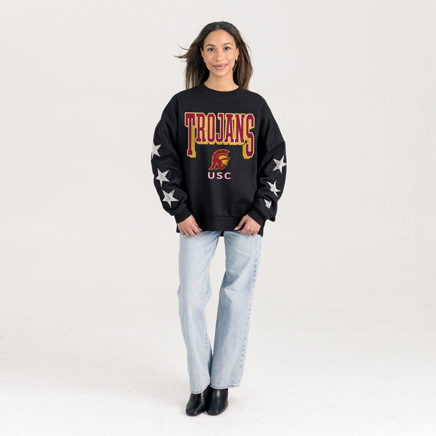 USC TROJANS PURE VICTORY EMBELLISHED STAR SLEEVE CREWNECK PULLOVER