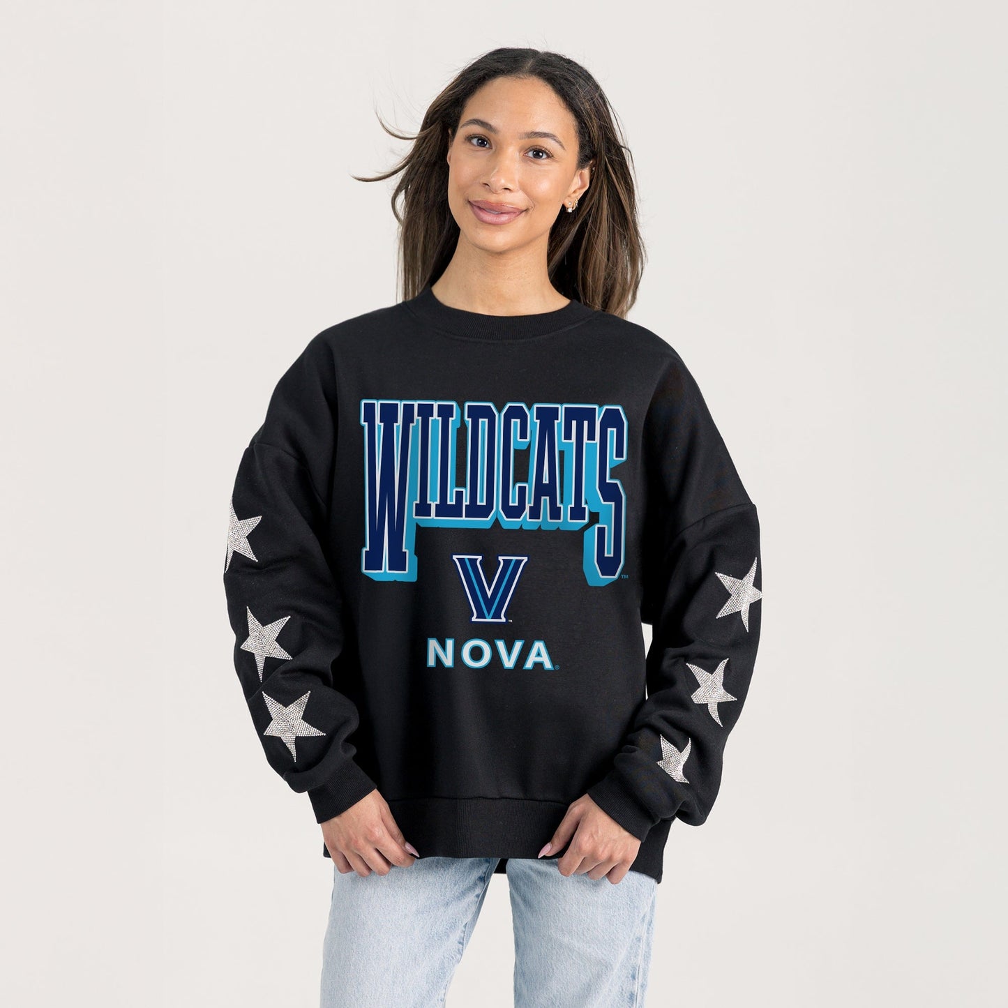 VILLANOVA WILDCATS PURE VICTORY EMBELLISHED STAR SLEEVE CREWNECK PULLOVER