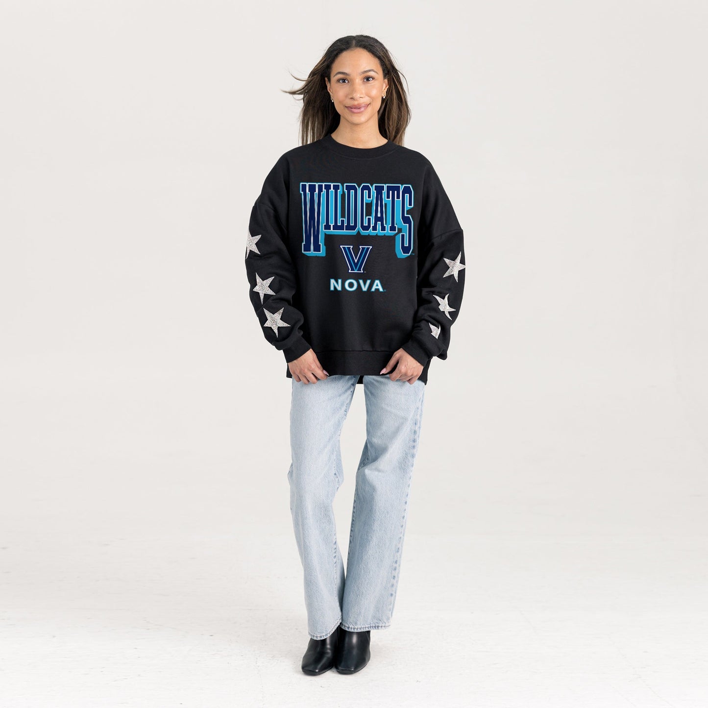 VILLANOVA WILDCATS PURE VICTORY EMBELLISHED STAR SLEEVE CREWNECK PULLOVER