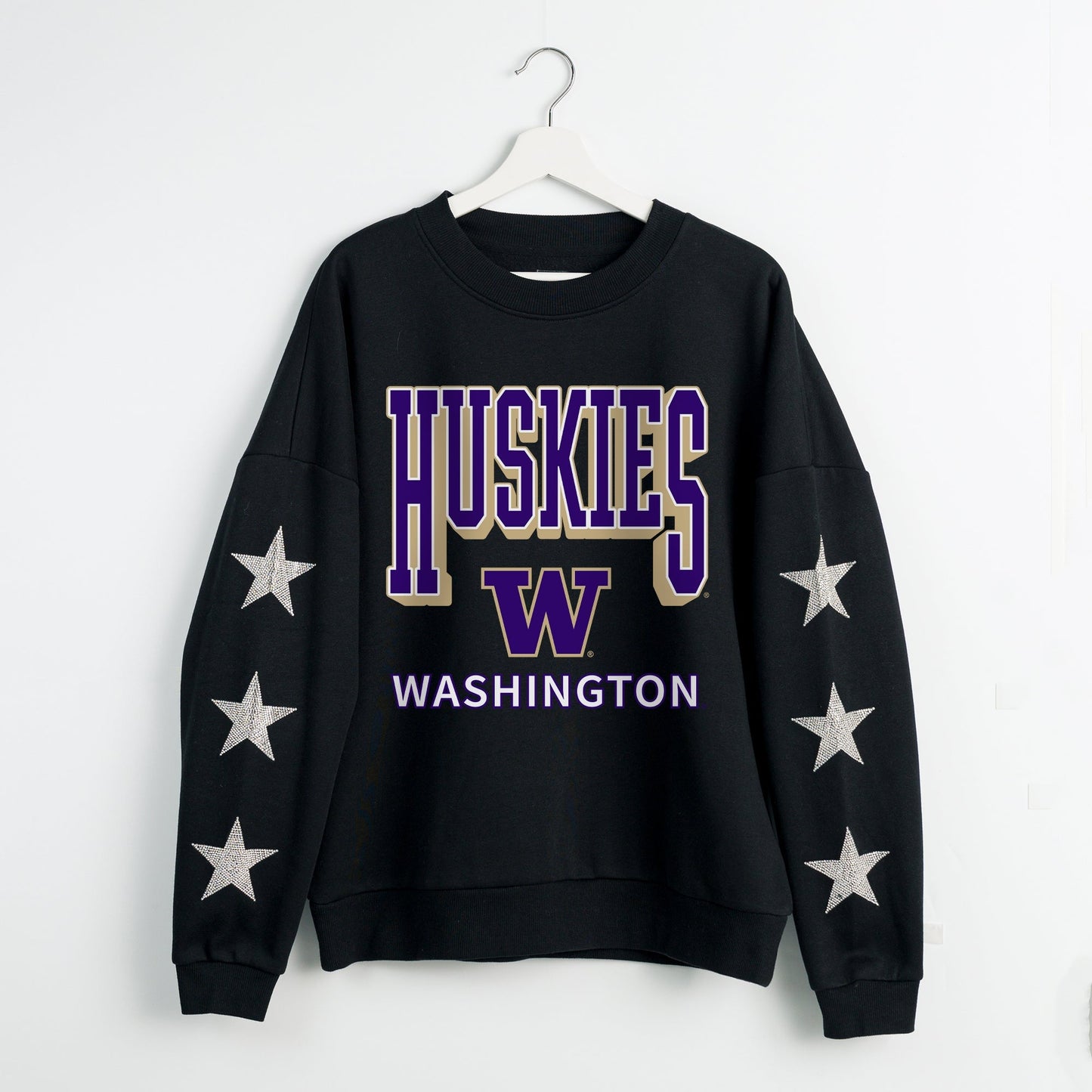 WASHINGTON HUSKIES PURE VICTORY EMBELLISHED STAR SLEEVE CREWNECK PULLOVER