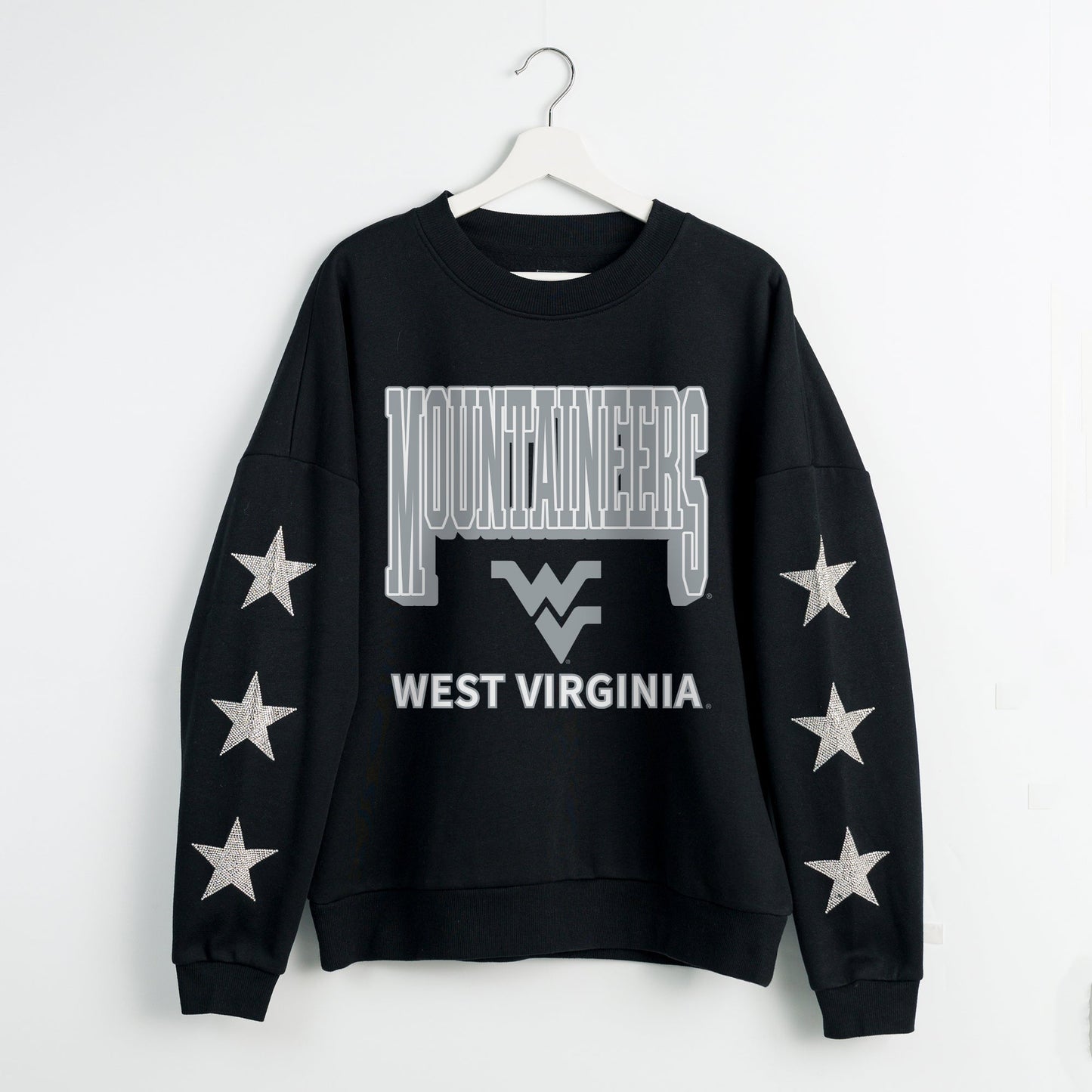 WEST VIRGINIA MOUNTAINEERS PURE VICTORY EMBELLISHED STAR SLEEVE CREWNECK PULLOVER