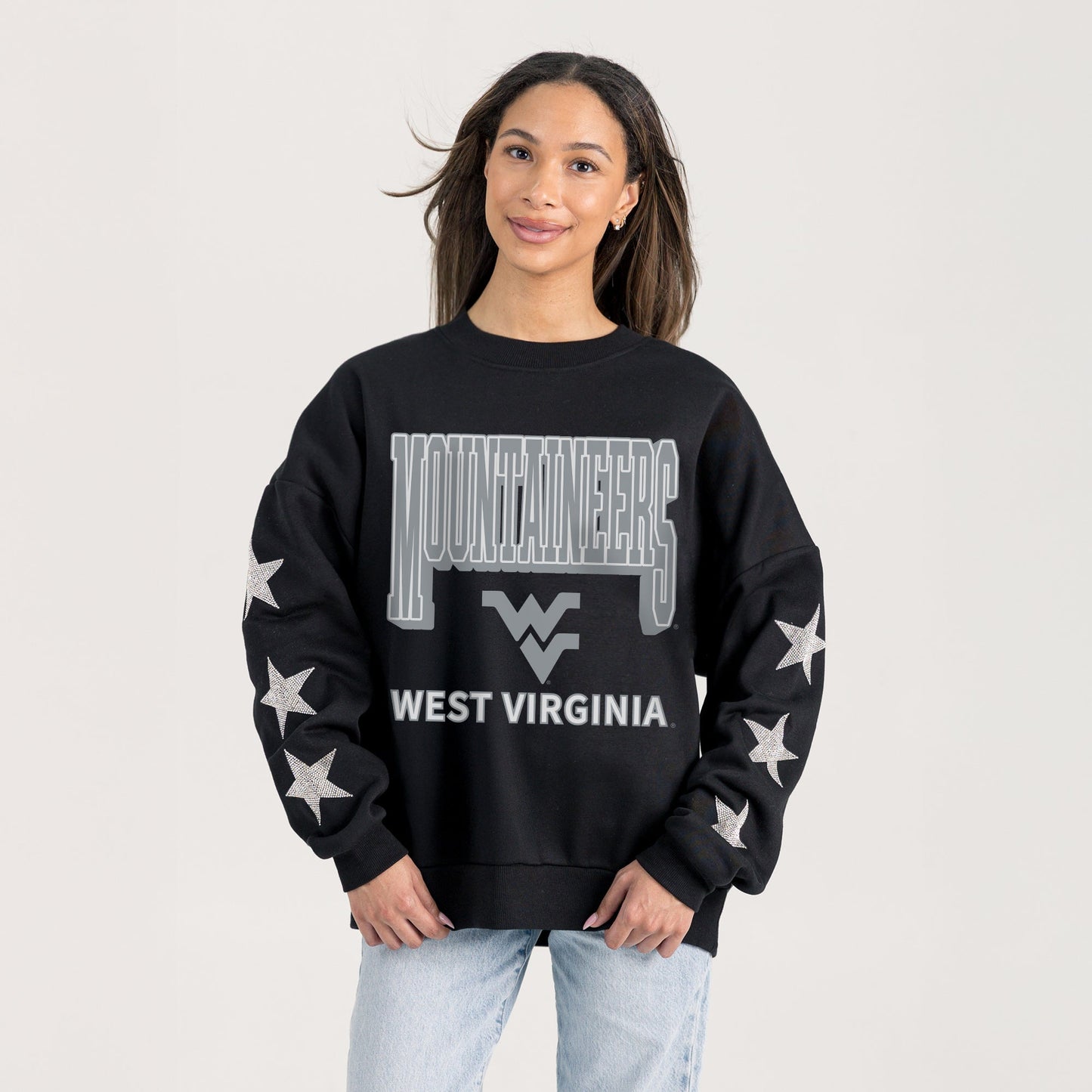 WEST VIRGINIA MOUNTAINEERS PURE VICTORY EMBELLISHED STAR SLEEVE CREWNECK PULLOVER