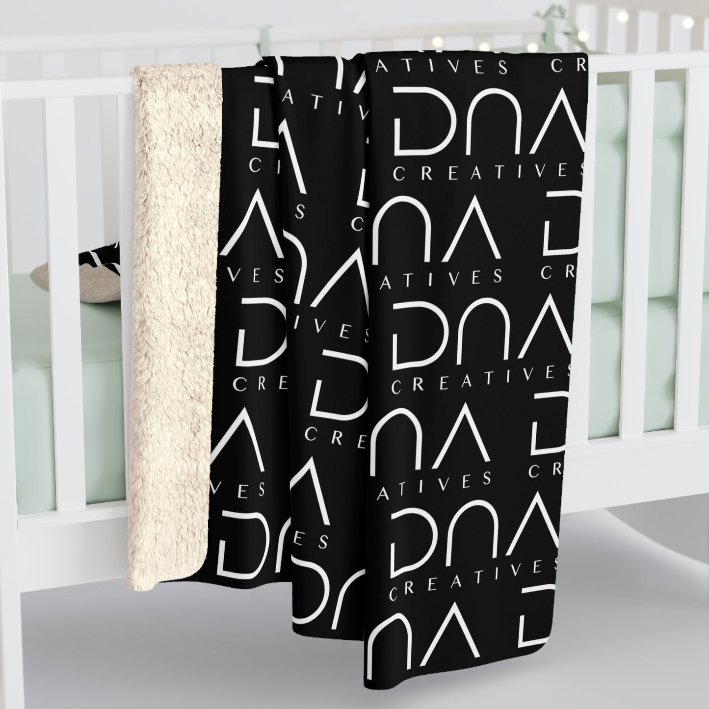 Sherpa Fleece Blanket — Black Repeat "DNA Creatives" Logo Cozy Throw