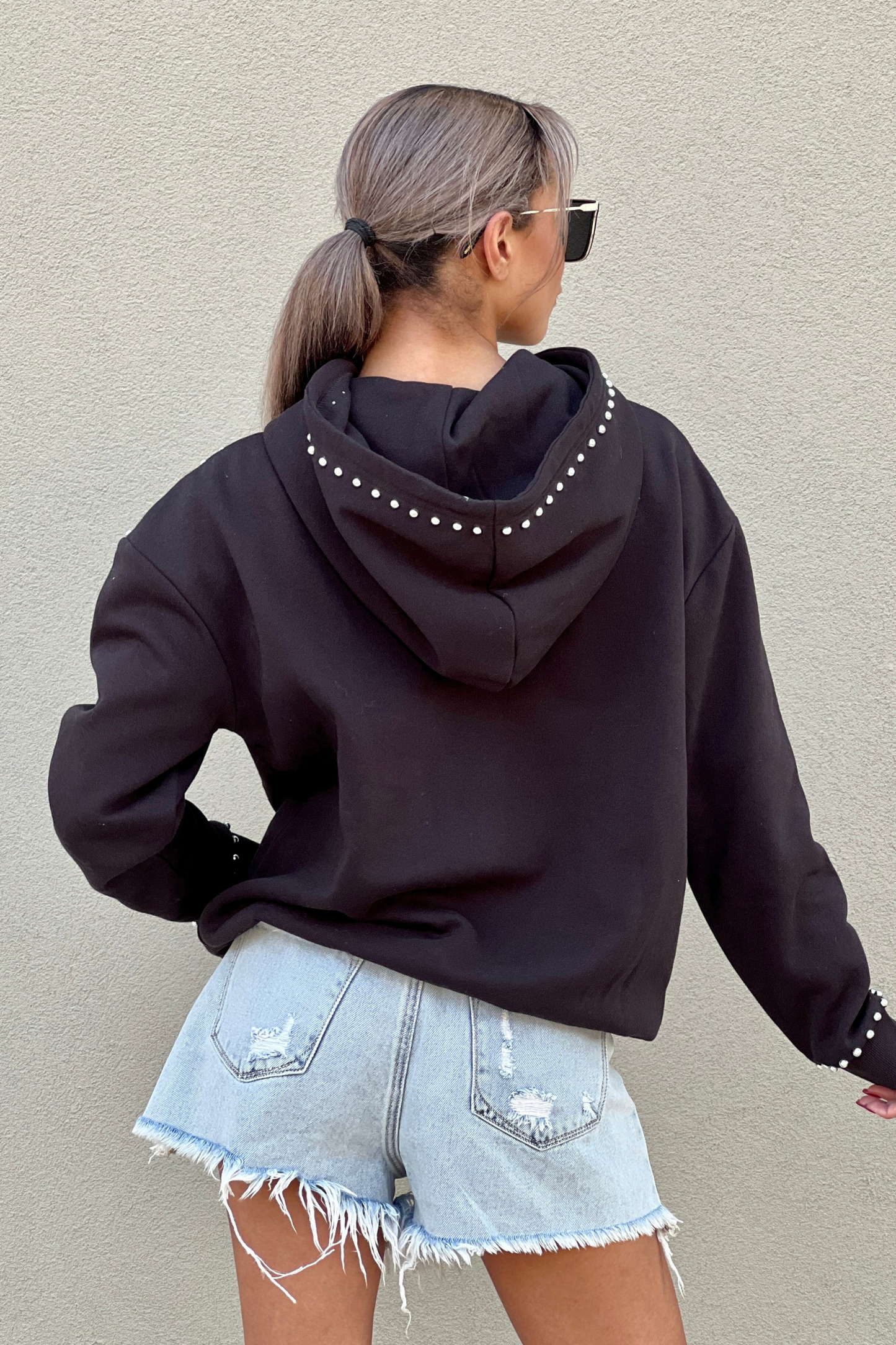 CELINA BOBCATS STUDDED DETAIL FLEECE FRONT POCKET HOODIE