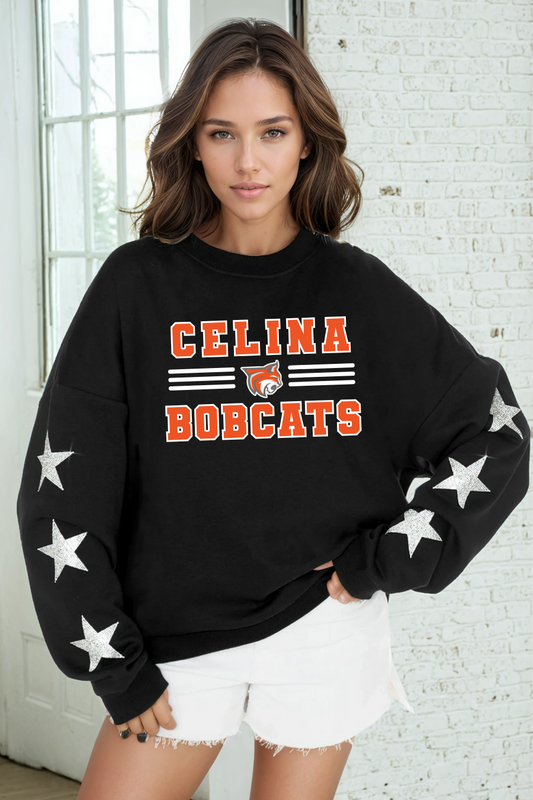 CELINA BOBCATS EMBELLISHED STAR SLEEVE CREWNECK SWEATSHIRT