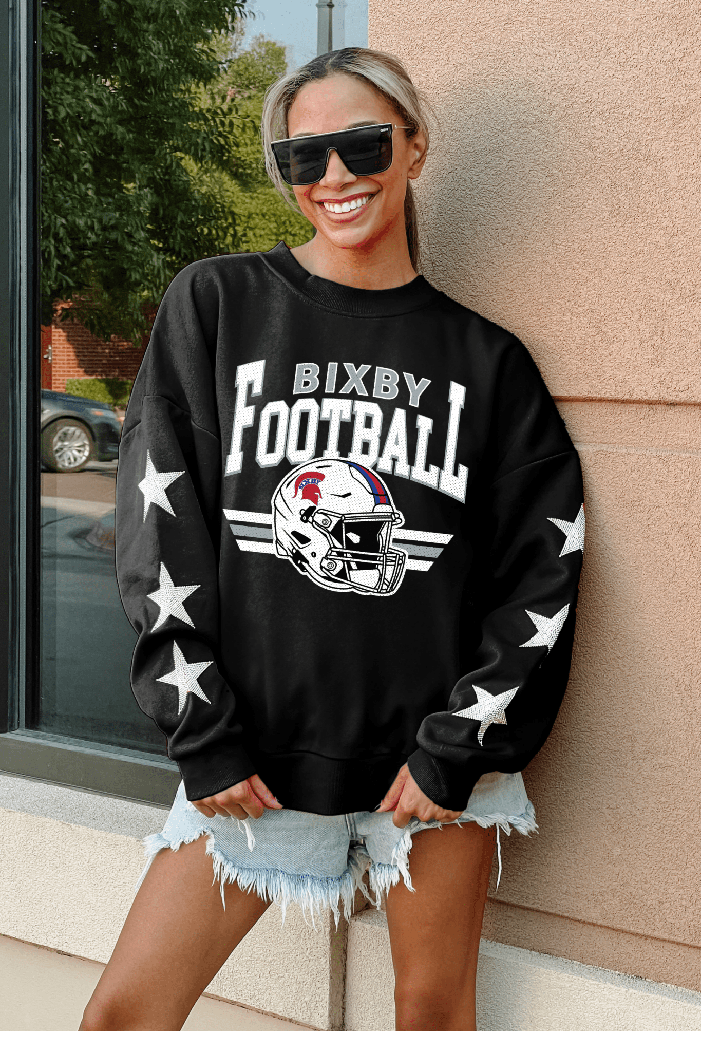 BIXBY SPARTANS EMBELLISHED STAR SLEEVE CREWNECK SWEATSHIRT - The Club