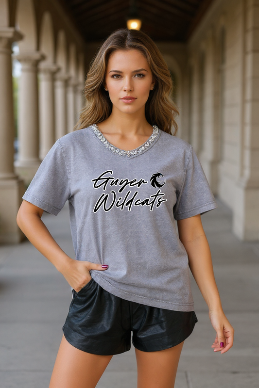 DENTON GUYER WILDCATS RHINESTONE V-NECK TEE