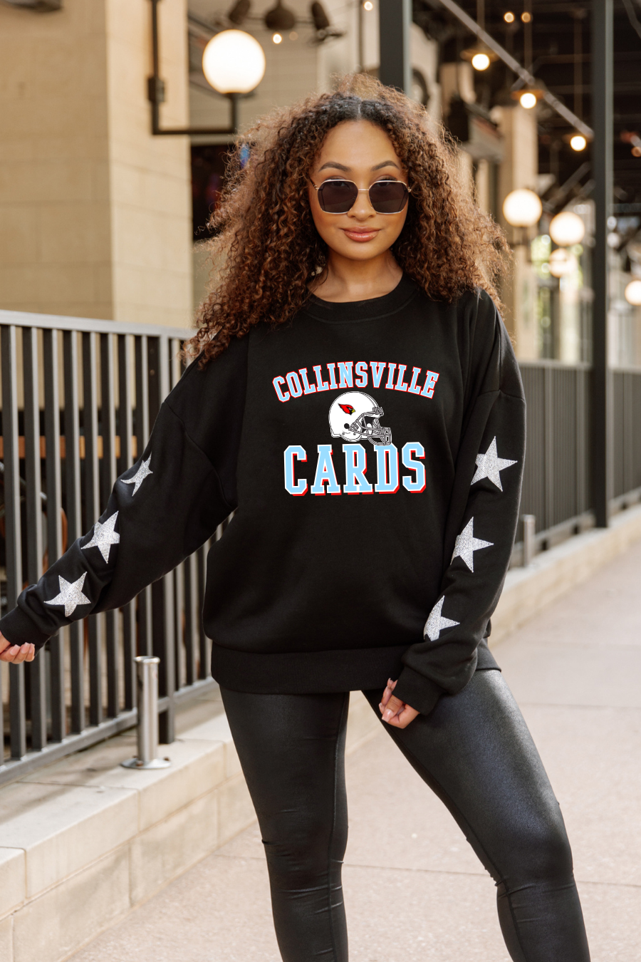 COLLINSVILLE CARDINALS FOOTBALL EMBELLISHED STAR SLEEVE CREWNECK SWEATSHIRT