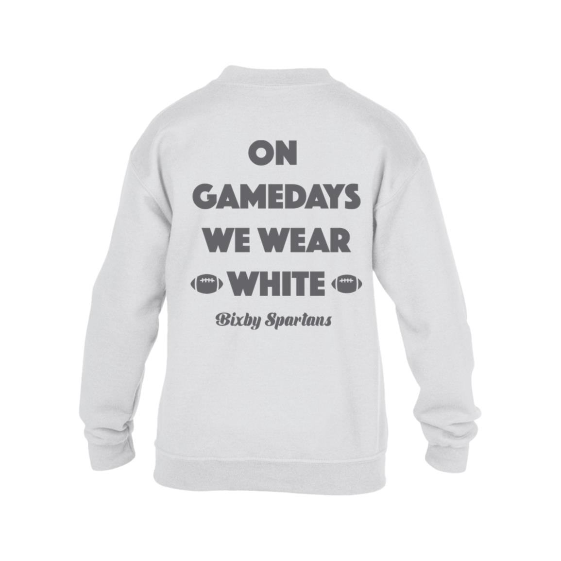 ON GAME DAYS WE WEAR WHITE GILDAN KIDS HEAVY BLEND FLEECE CREW