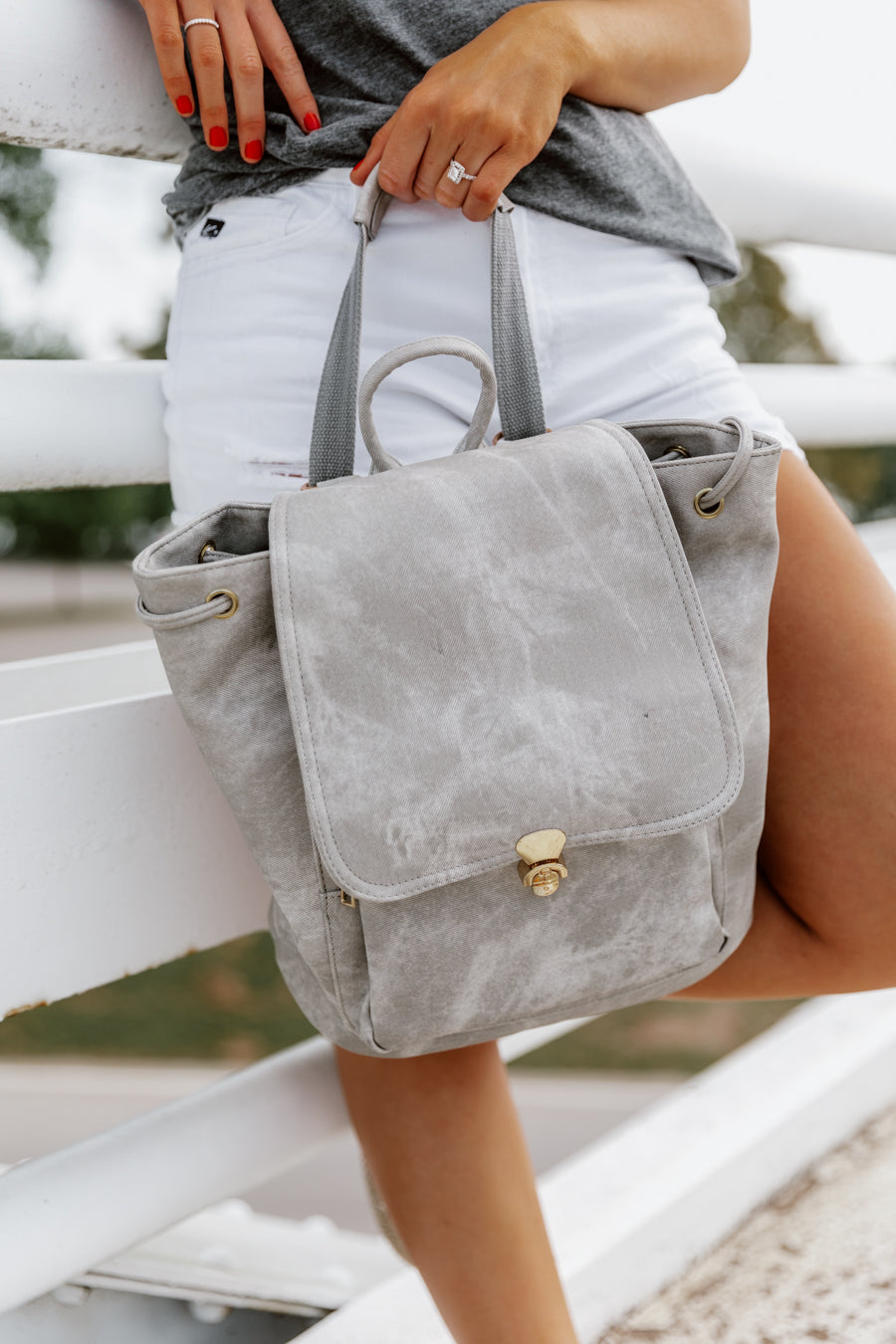 Grey Vegan Leather Iris Multi-Function Backpack - On Model Lifestyle | Gameday Couture - SOHO