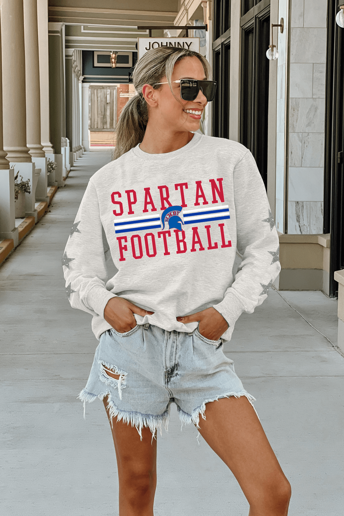 BIXBY SPARTANS EMBELLISHED STAR SLEEVE CREWNECK SWEATSHIRT - The Club