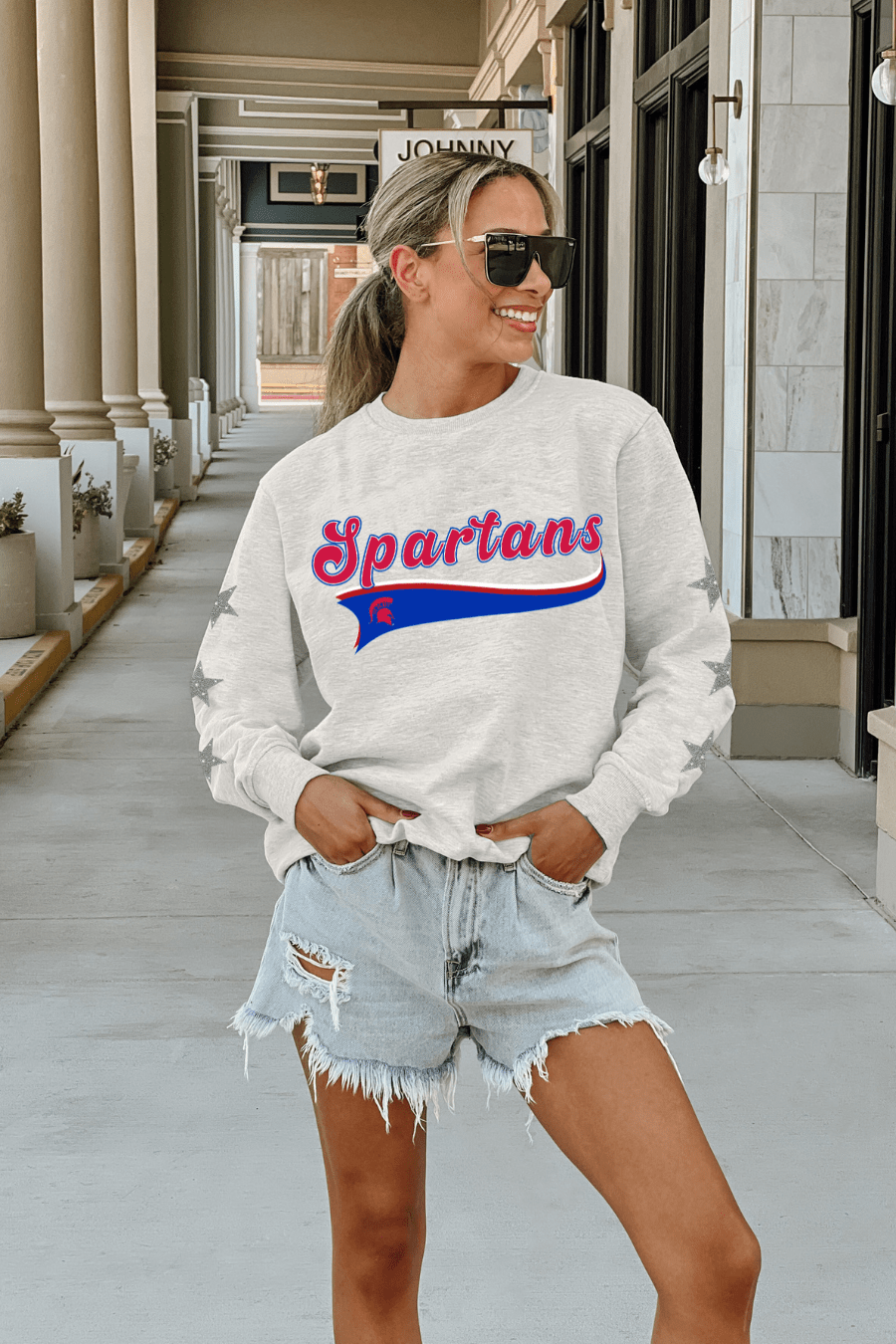BIXBY SPARTANS EMBELLISHED STAR SLEEVE CREWNECK SWEATSHIRT - The Club