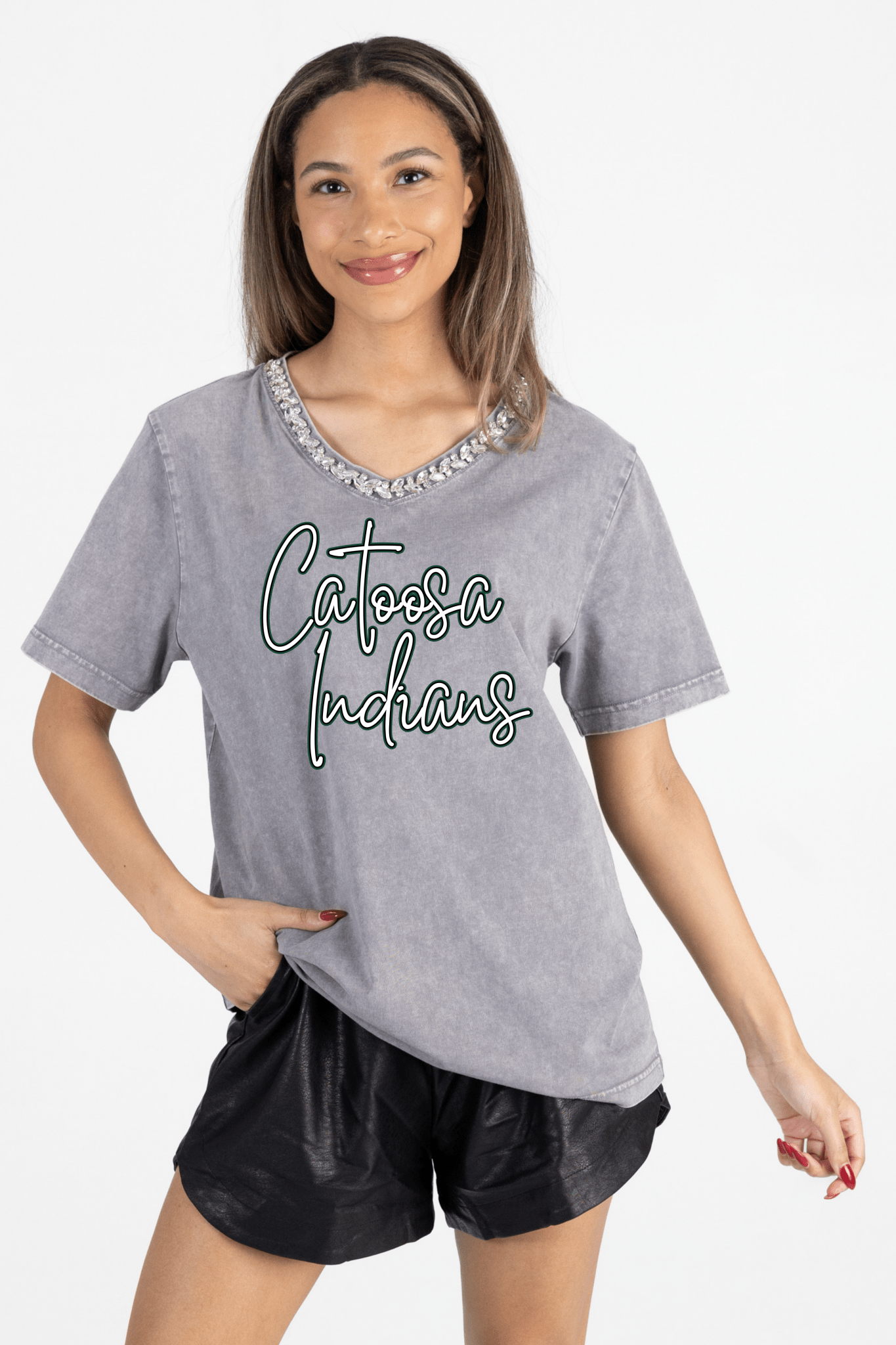 CATOOSA INDIANS RHINESTONE V - NECK TEE - The Club