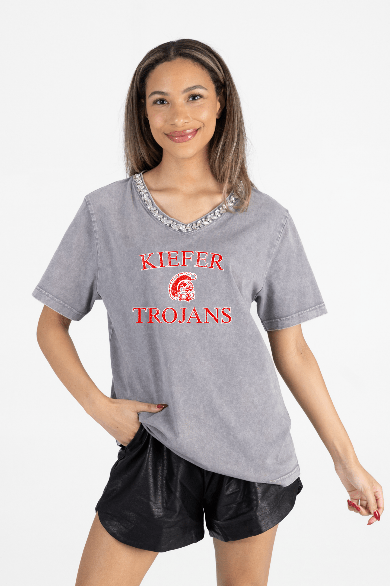 KIEFER TROJANS RHINESTONE V - NECK TEE - The Club