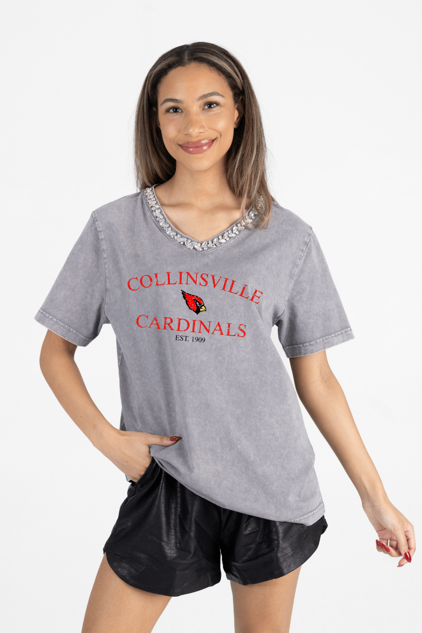 COLLINSVILLE CARDINALS RHINESTONE V - NECK TEE - The Club