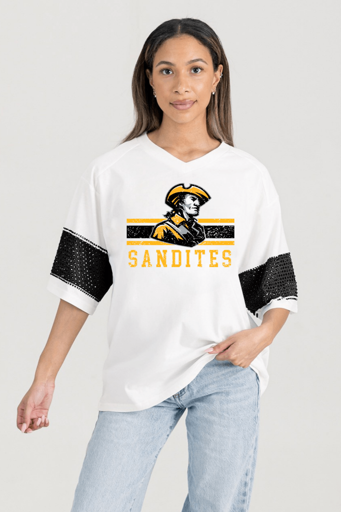 SAND SPRINGS SANDITES VARSITY RHINESTONE STRIPE TEE - The Club