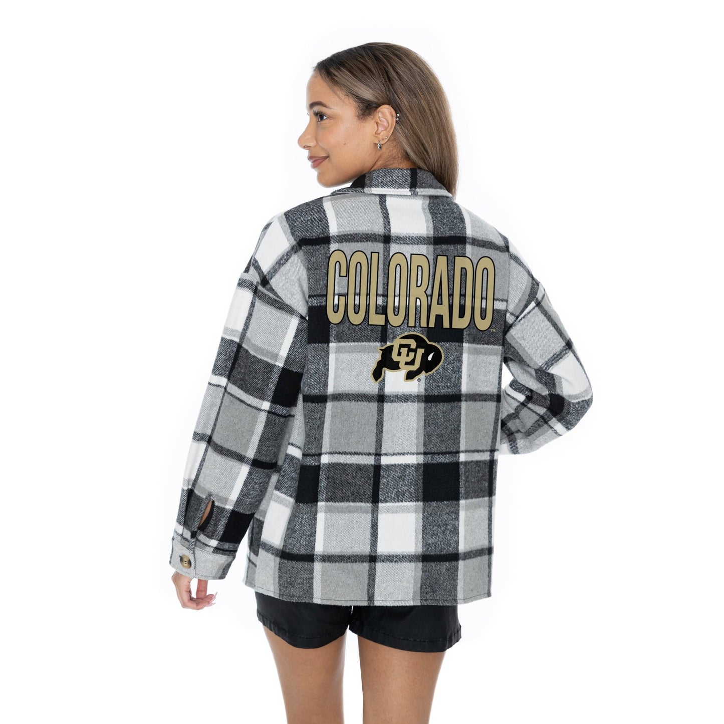 COLORADO BUFFALOES MAD FOR PLAID LONG SLEEVE BRUSHED PLAID OVERSHIRT WITH LAPEL COLLAR, BUTTON CLOSURE, AND CUFF DETAIL - The Club