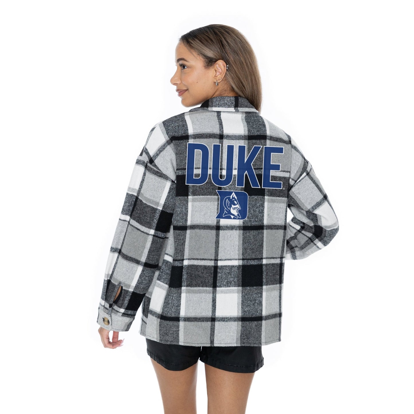 DUKE BLUE DEVILS MAD FOR PLAID LONG SLEEVE BRUSHED PLAID OVERSHIRT WITH LAPEL COLLAR, BUTTON CLOSURE, AND CUFF DETAIL - The Club