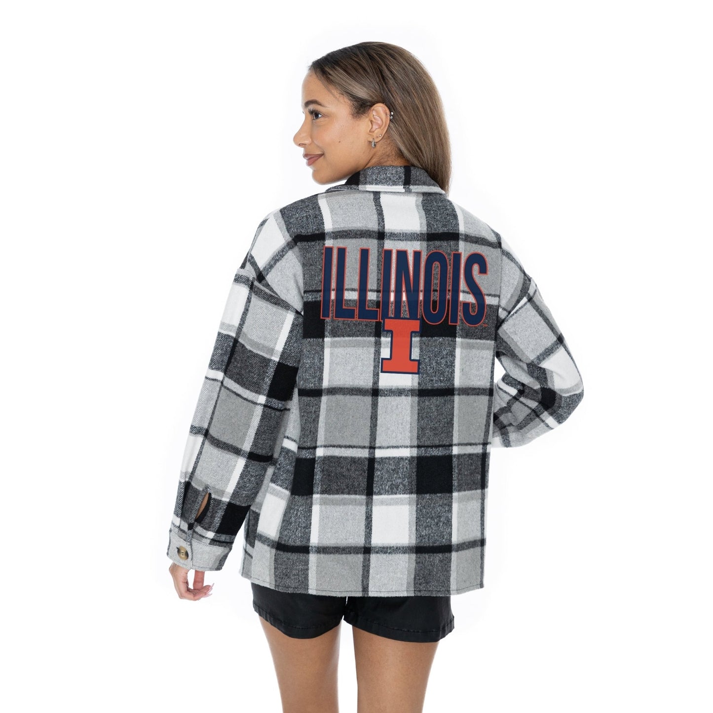 ILLINOIS FIGHTING ILLINI MAD FOR PLAID LONG SLEEVE BRUSHED PLAID OVERSHIRT WITH LAPEL COLLAR, BUTTON CLOSURE, AND CUFF DETAIL - The Club