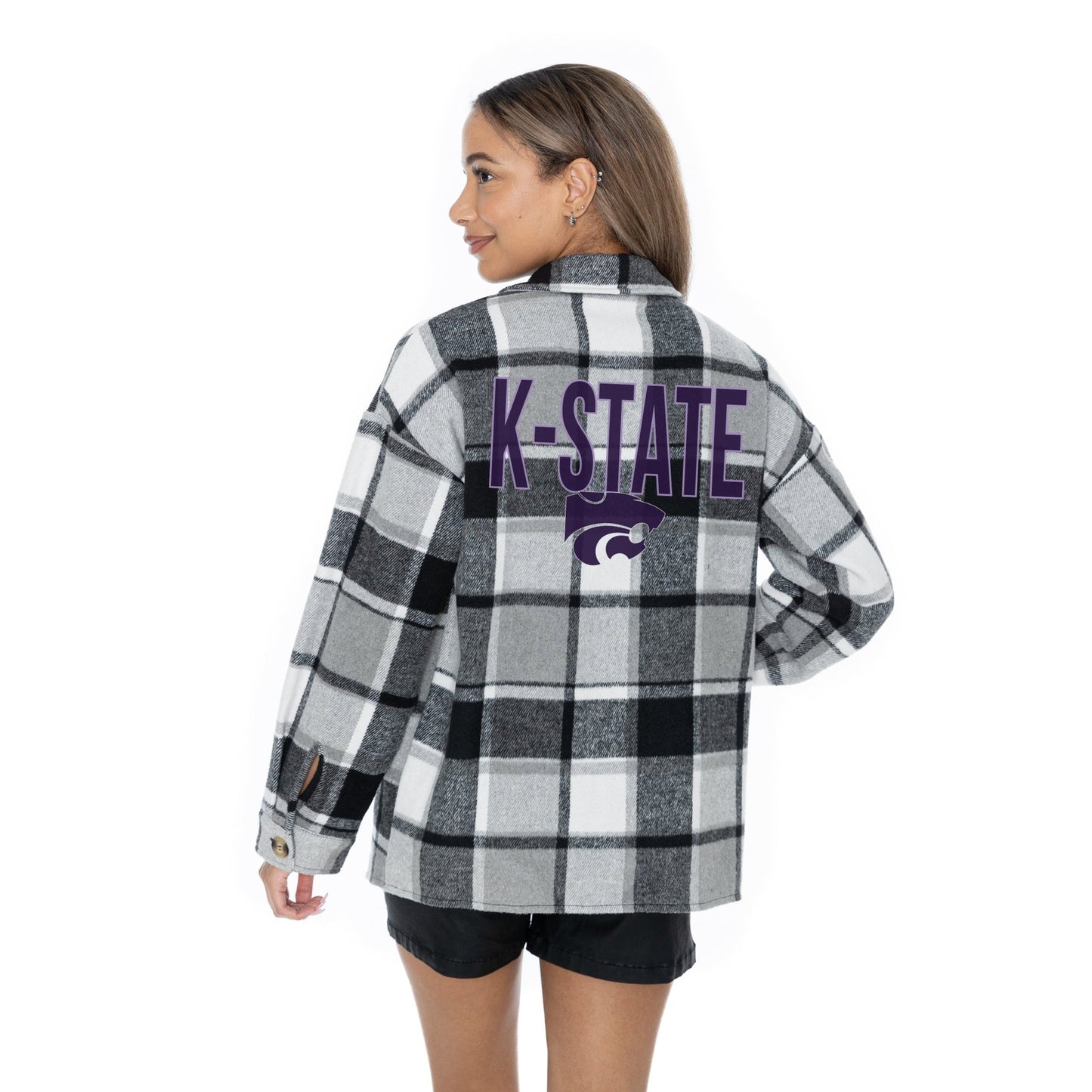 KANSAS STATE WILDCATS MAD FOR PLAID LONG SLEEVE BRUSHED PLAID OVERSHIRT WITH LAPEL COLLAR, BUTTON CLOSURE, AND CUFF DETAIL - The Club