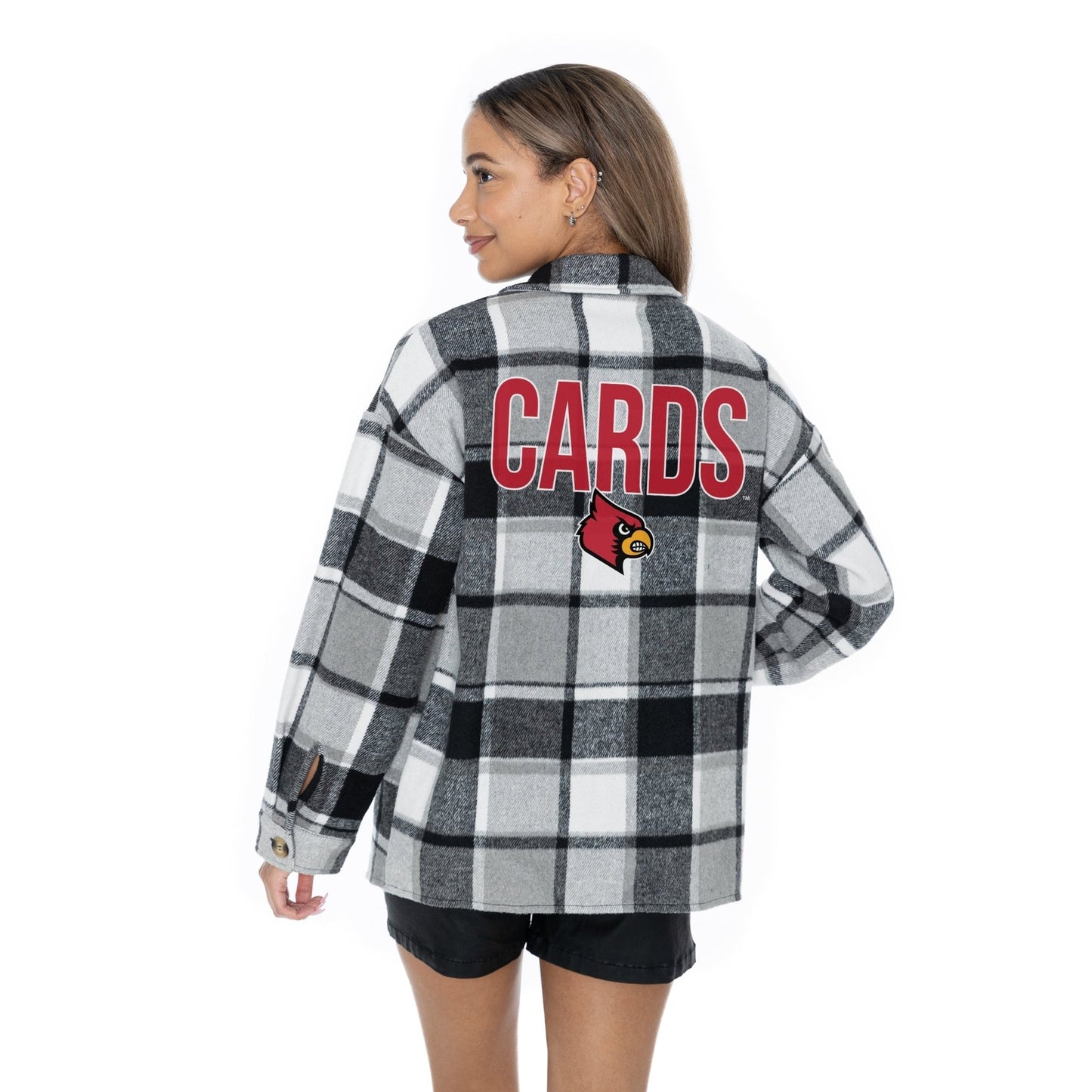 LOUISVILLE CARDINALS MAD FOR PLAID LONG SLEEVE BRUSHED PLAID OVERSHIRT WITH LAPEL COLLAR, BUTTON CLOSURE, AND CUFF DETAIL - The Club