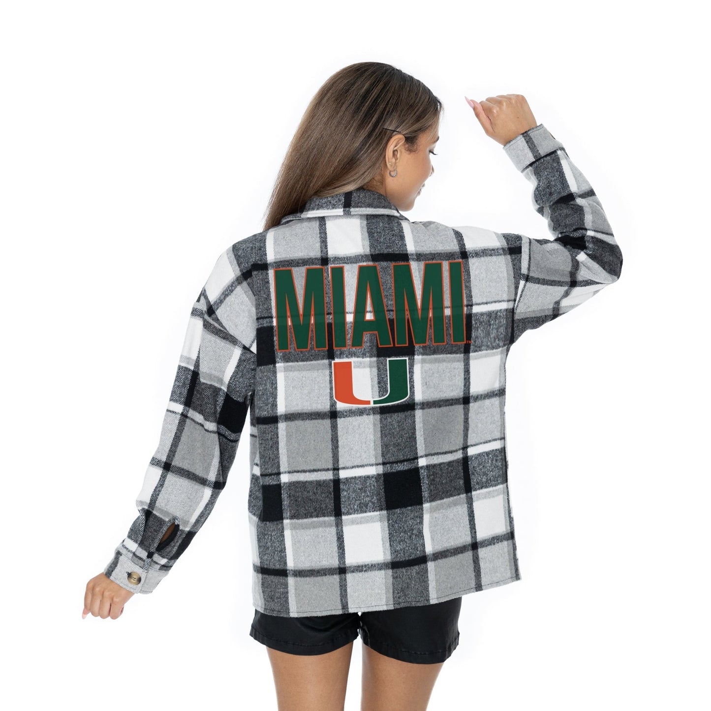 MIAMI HURRICANES MAD FOR PLAID LONG SLEEVE BRUSHED PLAID OVERSHIRT WITH LAPEL COLLAR, BUTTON CLOSURE, AND CUFF DETAIL - The Club