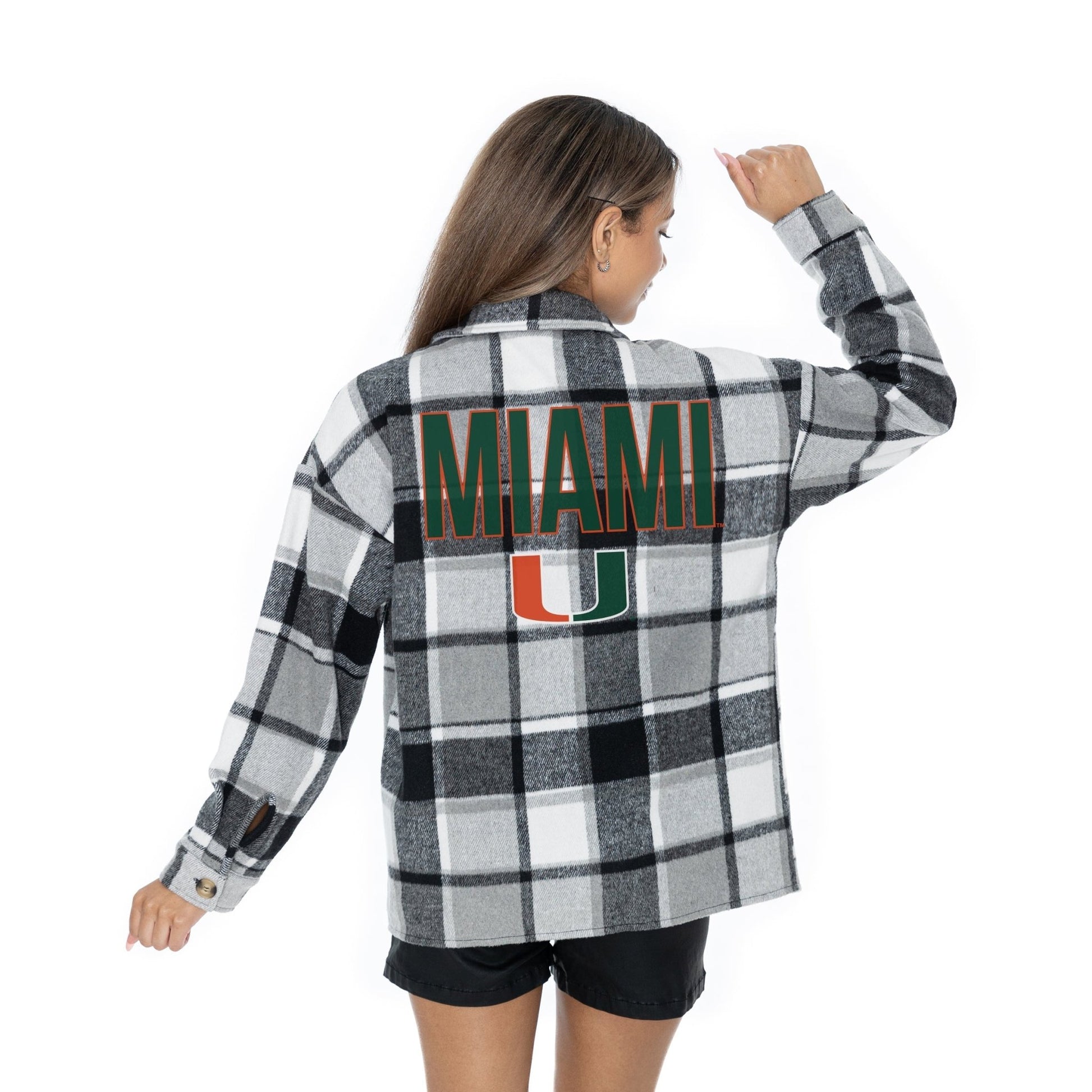 MIAMI HURRICANES MAD FOR PLAID LONG SLEEVE BRUSHED PLAID OVERSHIRT WITH LAPEL COLLAR, BUTTON CLOSURE, AND CUFF DETAIL - The Club