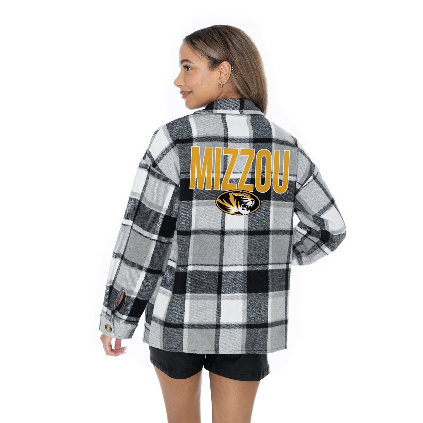 MISSOURI TIGERS MAD FOR PLAID LONG SLEEVE BRUSHED PLAID OVERSHIRT WITH LAPEL COLLAR, BUTTON CLOSURE, AND CUFF DETAIL - The Club