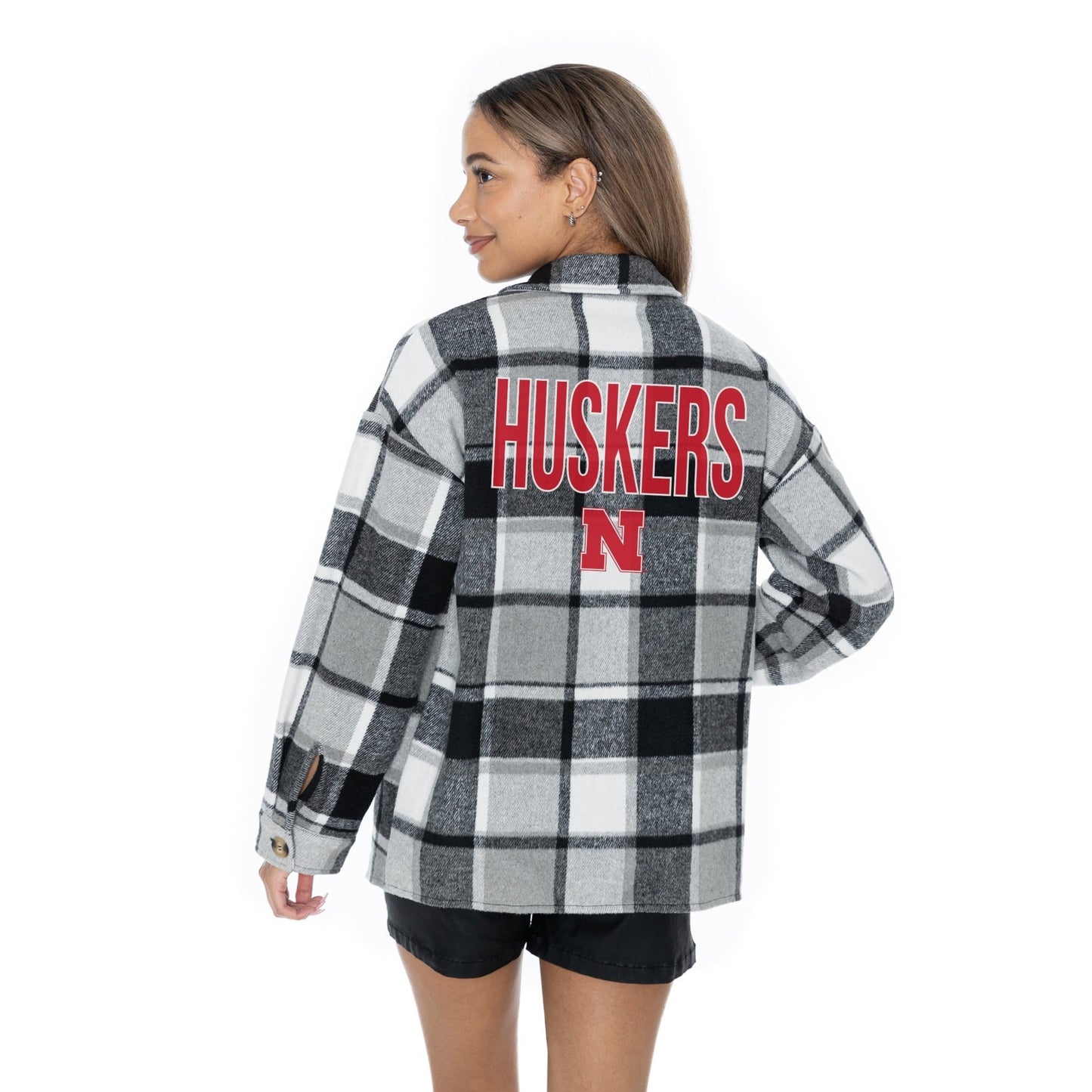 NEBRASKA CORNHUSKERS MAD FOR PLAID LONG SLEEVE BRUSHED PLAID OVERSHIRT WITH LAPEL COLLAR, BUTTON CLOSURE, AND CUFF DETAIL - The Club