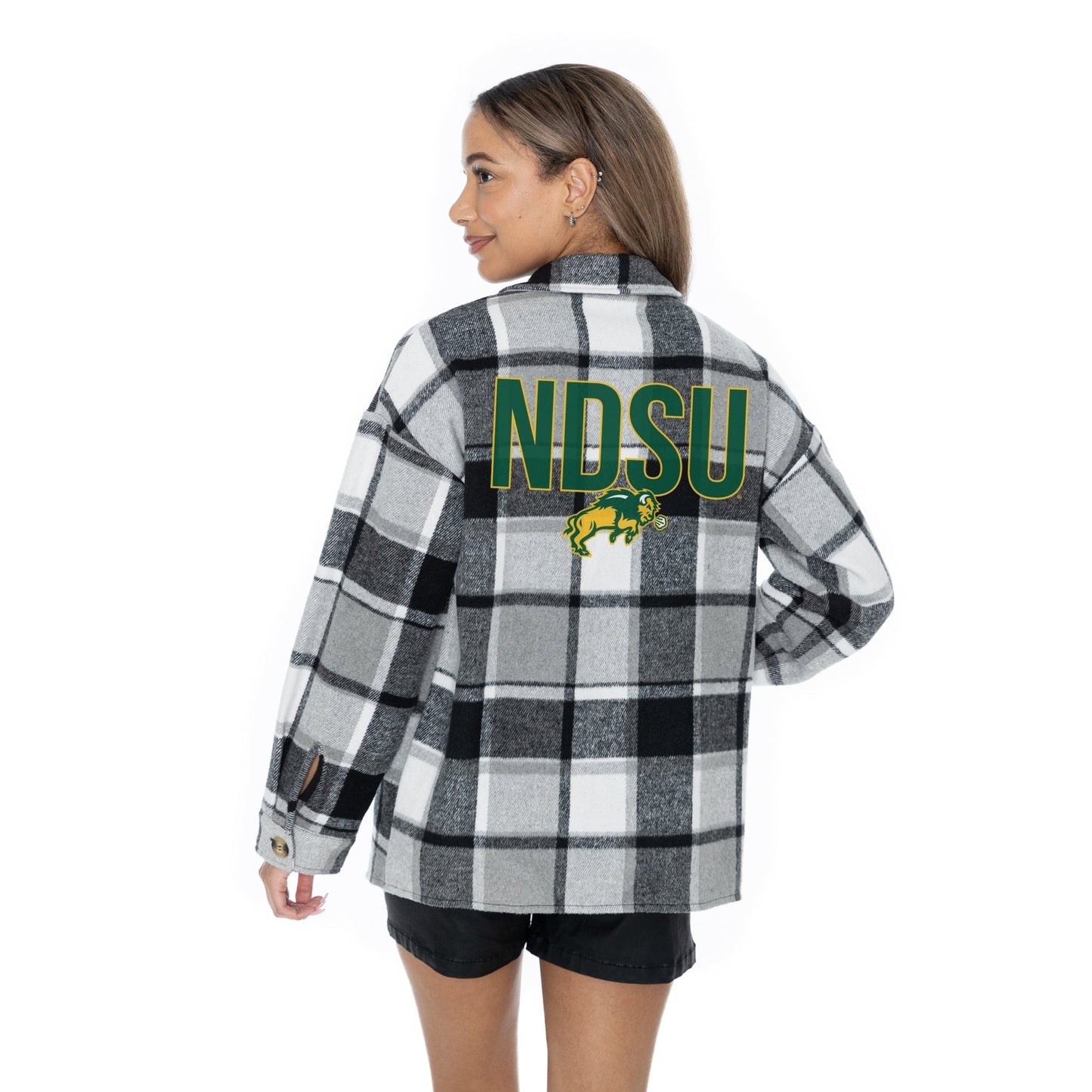 NORTH DAKOTA STATE BISON MAD FOR PLAID LONG SLEEVE BRUSHED PLAID OVERSHIRT WITH LAPEL COLLAR, BUTTON CLOSURE, AND CUFF DETAIL - The Club