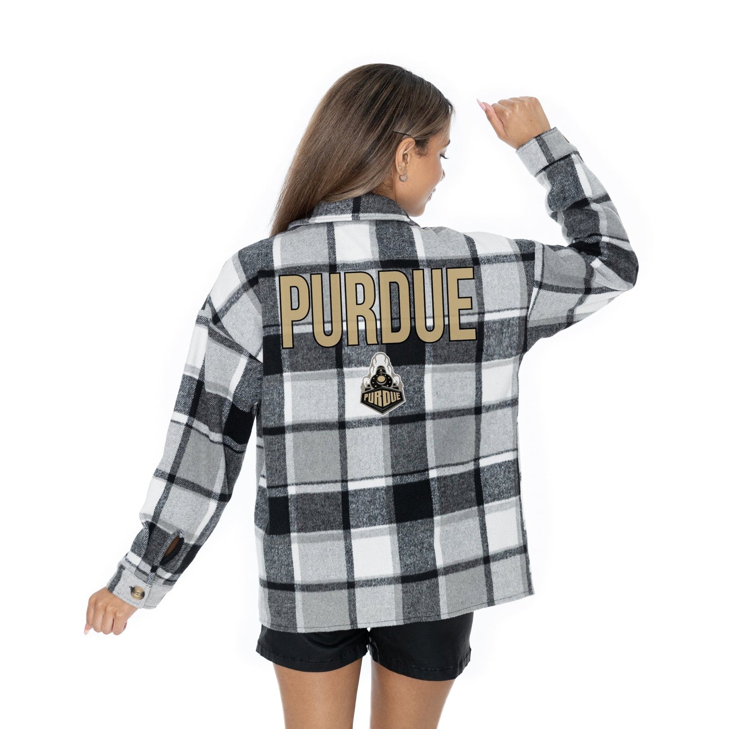 PURDUE BOILERMAKERS MAD FOR PLAID LONG SLEEVE BRUSHED PLAID OVERSHIRT WITH LAPEL COLLAR, BUTTON CLOSURE, AND CUFF DETAIL - The Club