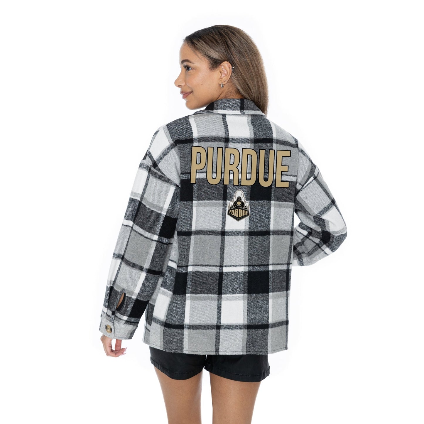 PURDUE BOILERMAKERS MAD FOR PLAID LONG SLEEVE BRUSHED PLAID OVERSHIRT WITH LAPEL COLLAR, BUTTON CLOSURE, AND CUFF DETAIL - The Club