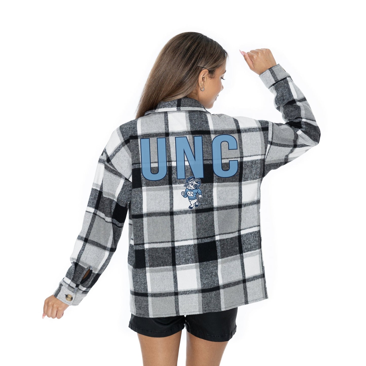 NORTH CAROLINA TAR HEELS MAD FOR PLAID LONG SLEEVE BRUSHED PLAID OVERSHIRT WITH LAPEL COLLAR, BUTTON CLOSURE, AND CUFF DETAIL - The Club