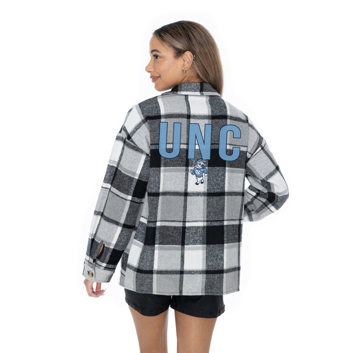 NORTH CAROLINA TAR HEELS MAD FOR PLAID LONG SLEEVE BRUSHED PLAID OVERSHIRT WITH LAPEL COLLAR, BUTTON CLOSURE, AND CUFF DETAIL - The Club