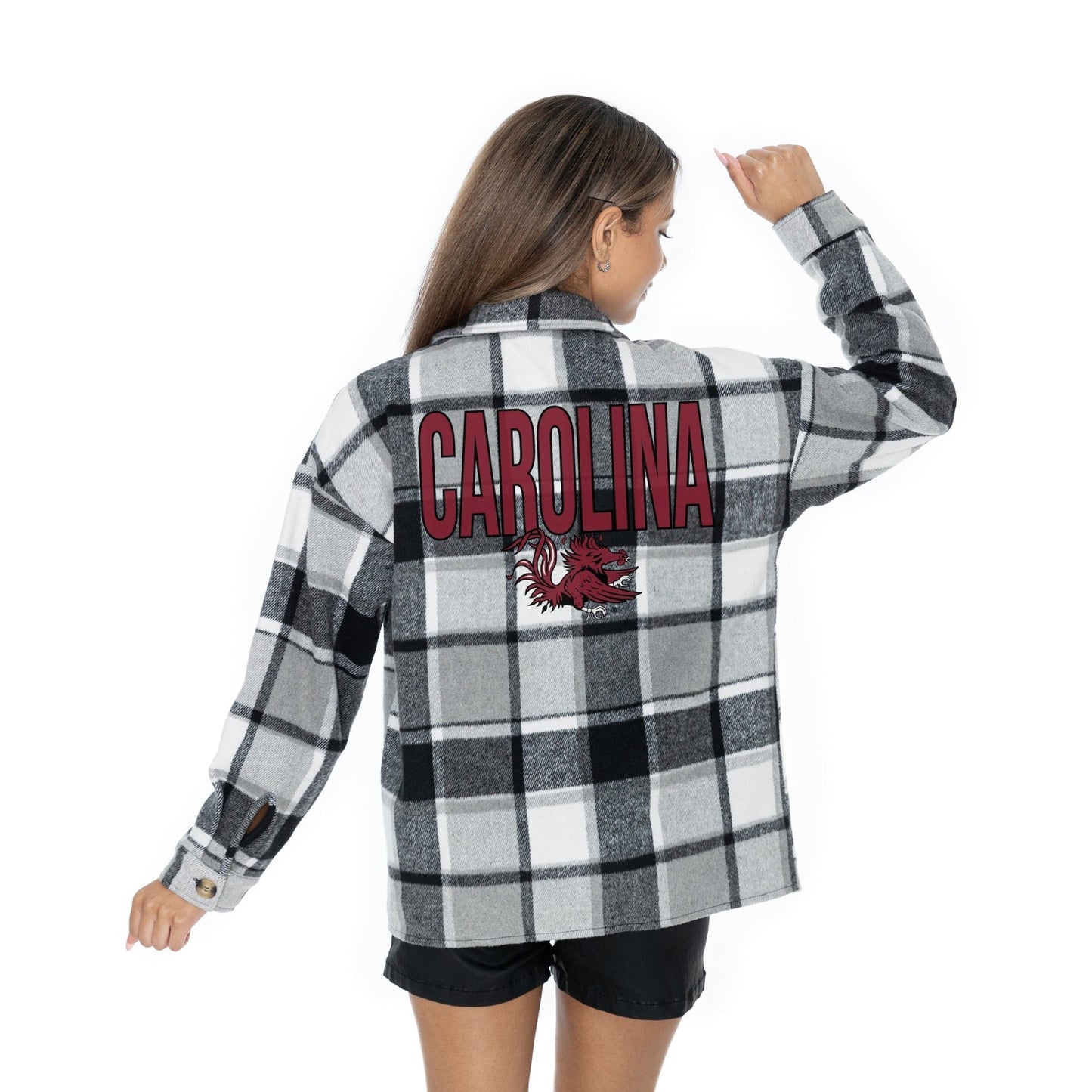 SOUTH CAROLINA GAMECOCKS MAD FOR PLAID LONG SLEEVE BRUSHED PLAID OVERSHIRT WITH LAPEL COLLAR, BUTTON CLOSURE, AND CUFF DETAIL - The Club